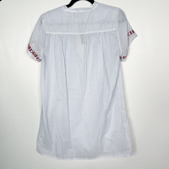 New J Crew Medium M Blue White Striped Embroidered Tunic Top Short Sleeve VNeck - Picture 2 of 10